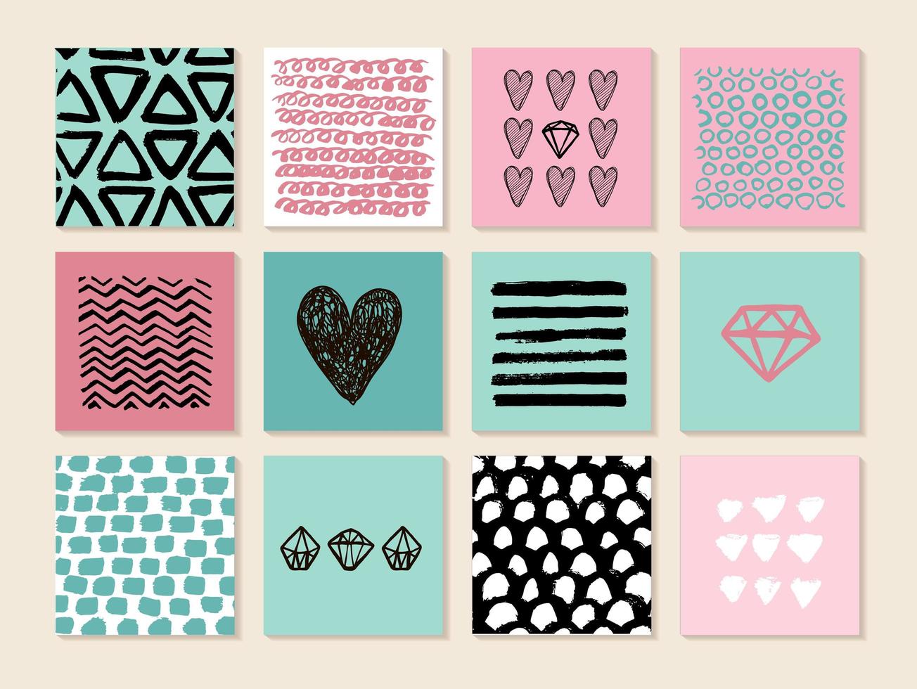 Set of 12 creative art cards. Hand Drawn textures made with ink. Vector. Isolated. vector