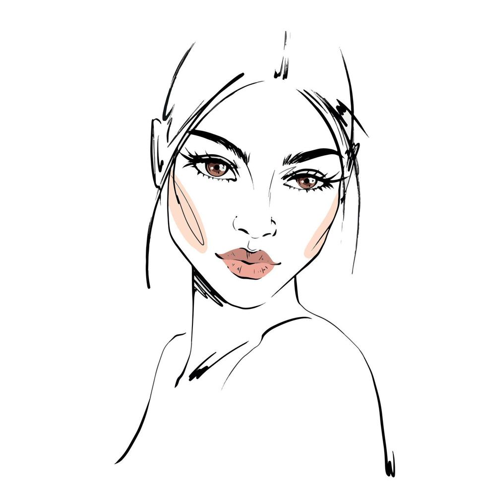 Hand-drawn fashion illustration of woman's abstract face on white background. Beauty art girl with makeup line art. Fashion drawing sketch poster. Beautiful woman face with long eyelashes and big lips vector