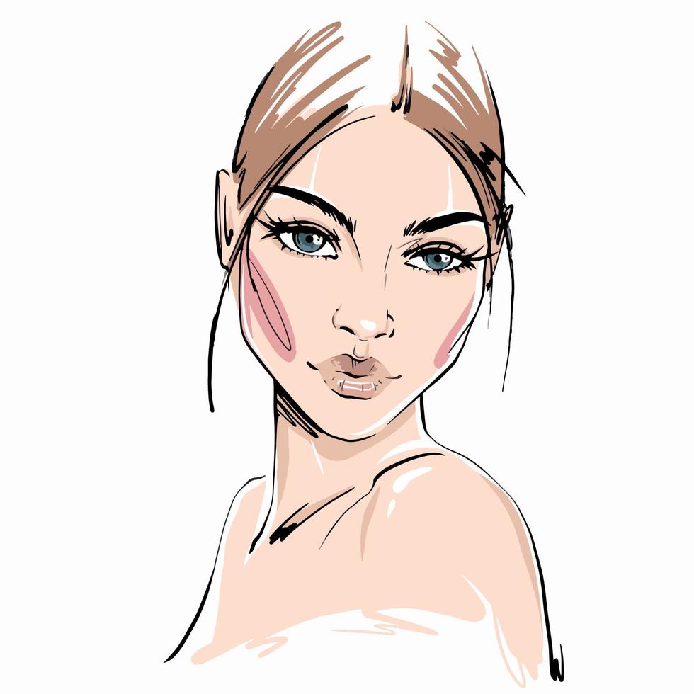 Hand-drawn fashion illustration of woman's face on white background. Beauty art of girl with natural makeup. Fashion drawing sketch of an elegant portrait. Romantic woman face with long eyelashes vector