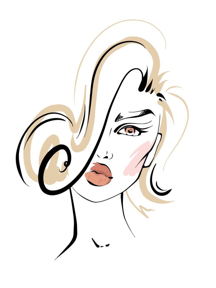 Hand-drawn fashion illustration of woman's abstract face on white background. Beauty art girl with makeup line art. Fashion drawing sketch poster. Beautiful woman face with long eyelashes and big lips vector