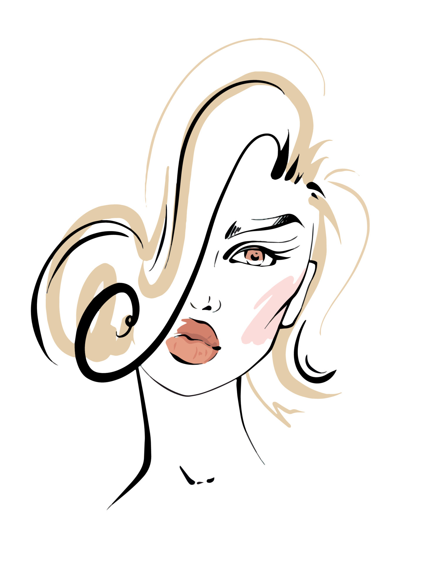 Hand-drawn fashion illustration of woman's abstract face on white background.  Beauty art girl with makeup line art. Fashion drawing sketch poster.  Beautiful woman face with long eyelashes and big lips 5251301 Vector
