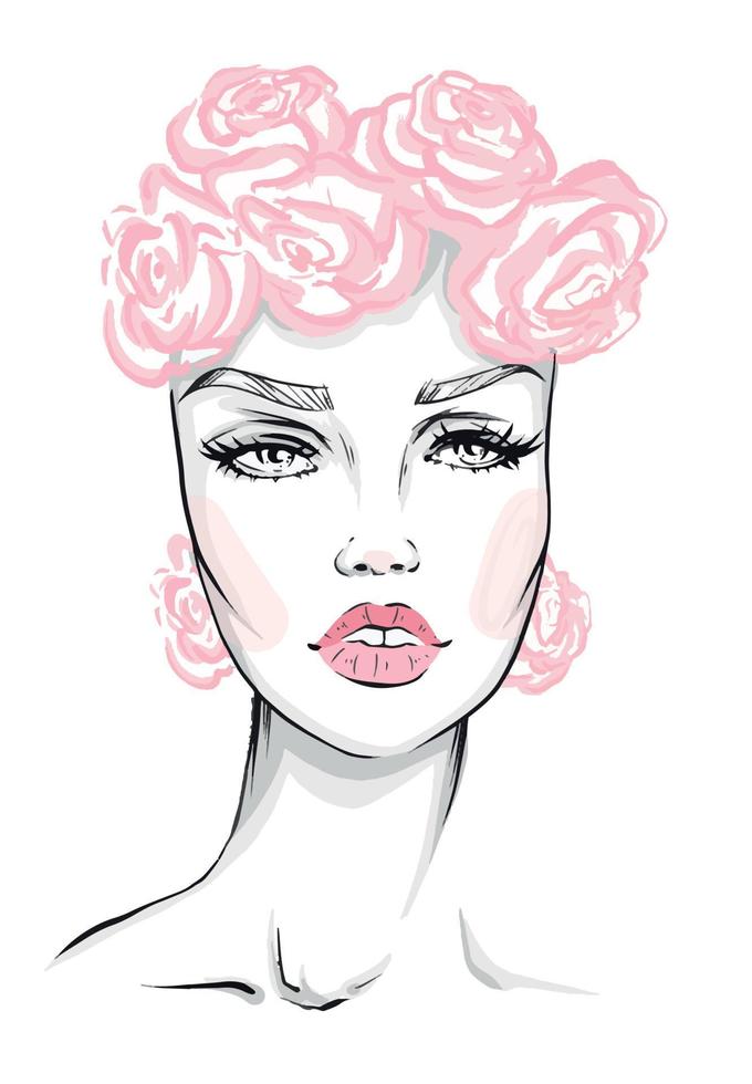 ilustración de moda dibujada a mano de la cara de la mujer sobre fondo blanco. arte de belleza de niña con maquillaje natural. boceto de dibujo de moda de un retrato elegante. cara de mujer romántica con pestañas largas vector