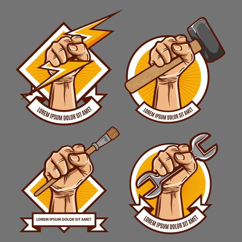 hand with thunder and hammer badge logo collection set vector