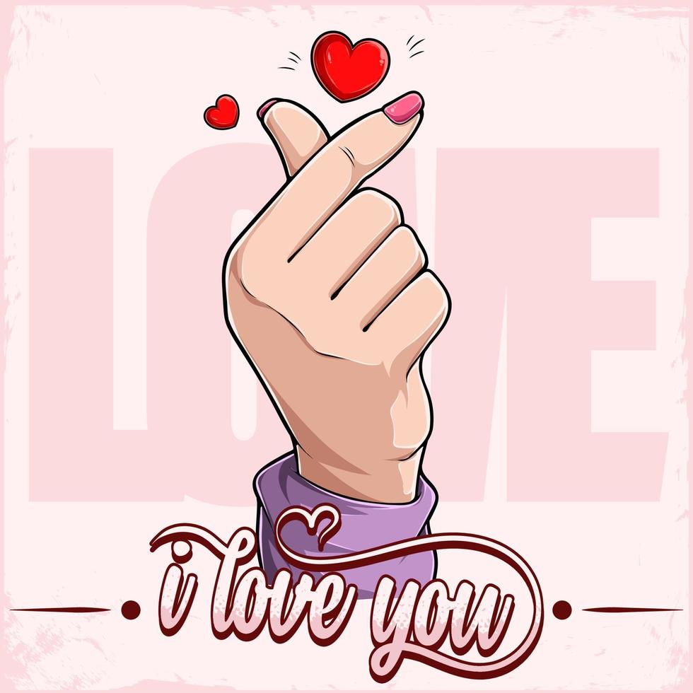 I love you lettering poster with a cute woman hand doing the k pop sign with her fingers vector