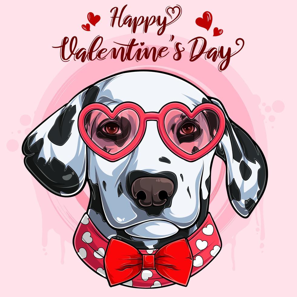 feliz día de san valentín cabeza de perro dálmata con gafas en forma de corazón y pajarita roja vector