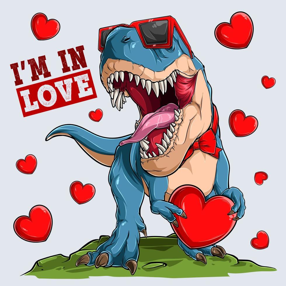 encantador dinosaurio del día de san valentín t rex con gafas de sol y sosteniendo un gran corazón rojo vector
