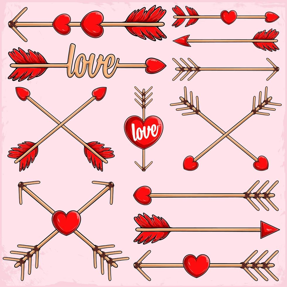 Set of lovely cupid's arrows with hearts, Colorful Valentine's day elements collection vector