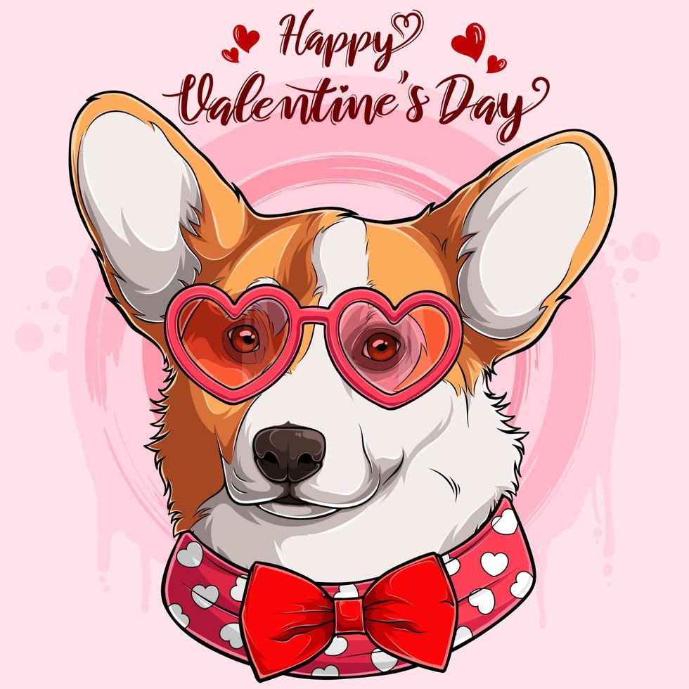 Happy Valentine's day Welsh Corgi Pembroke dog head wearing glasses in the shape of heart and red bowtie vector