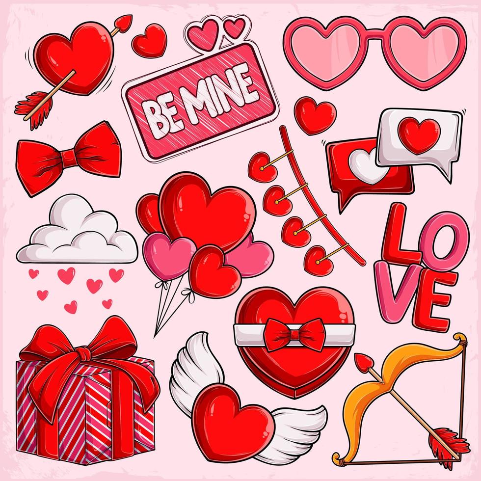 Colorful Valentine's day elements collection Hearts, glasses, bowtie, cupid's arrow, gift and more vector