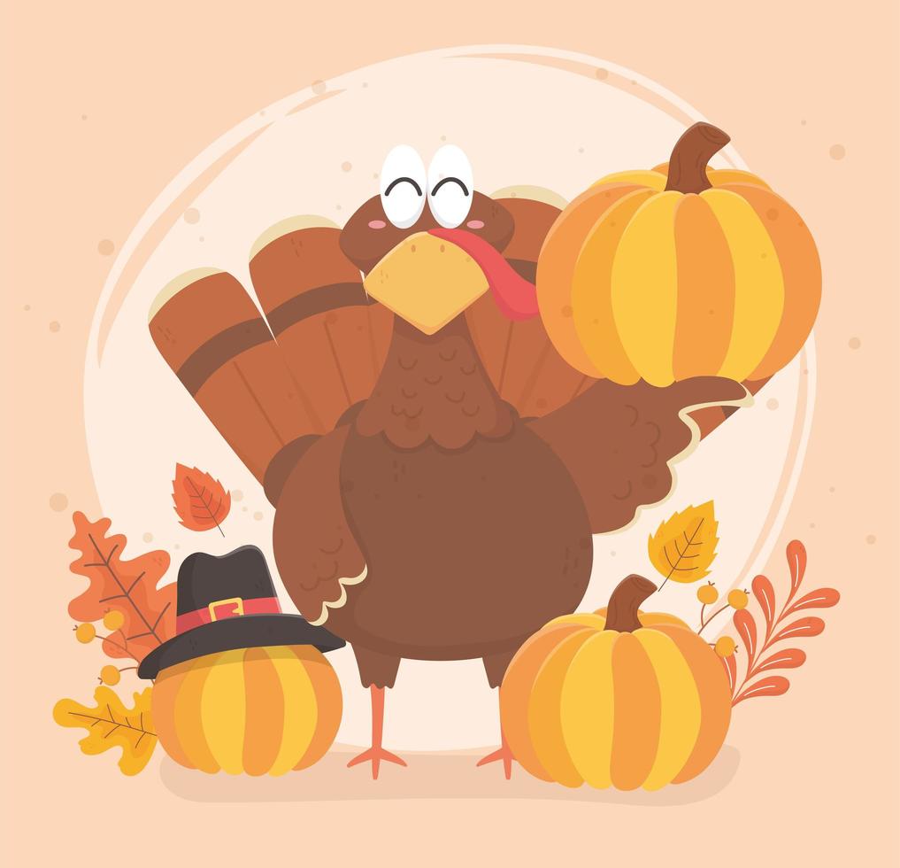 turkey and pumpkin with pilgrim hat happy thanksgiving celebration vector