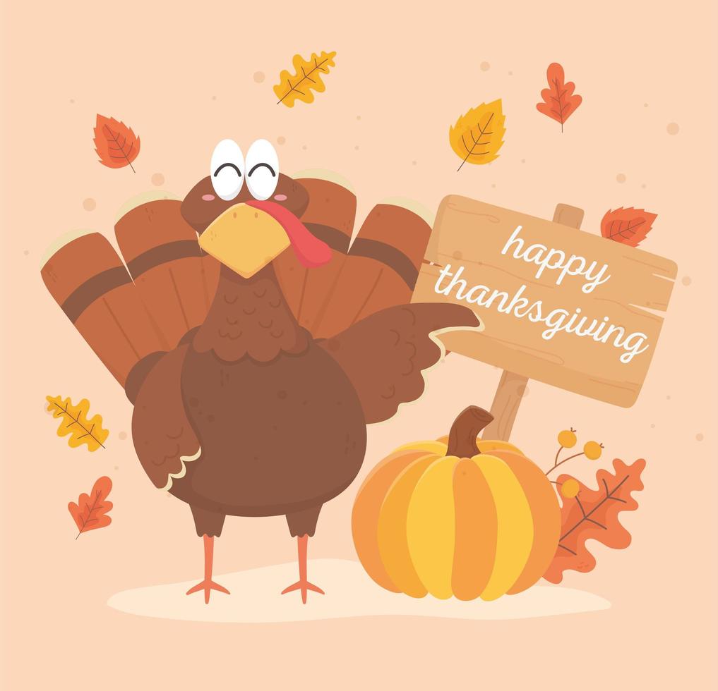 turkey with pumpkin and board happy thanksgiving celebration vector