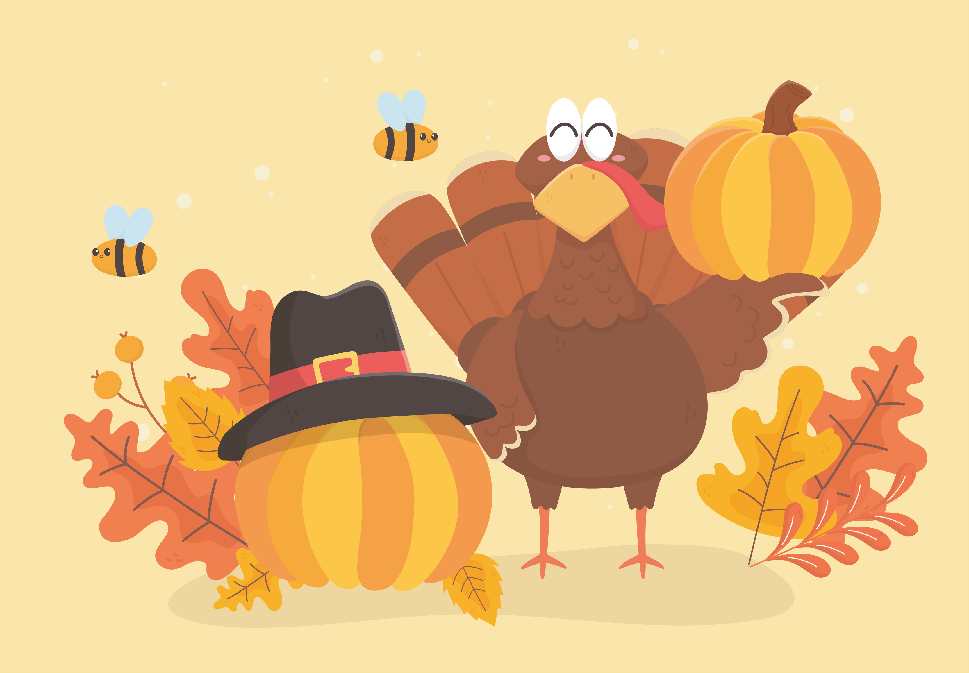 THANKSGIVING TURKEY Pilgrim Hat Pumpkin Leaves Thanksgiving Greeting Card NEW 