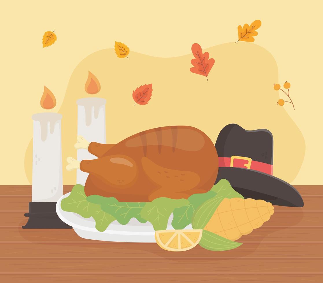 happy thanksgiving roasted turkey hat corn lemon candles celebration vector