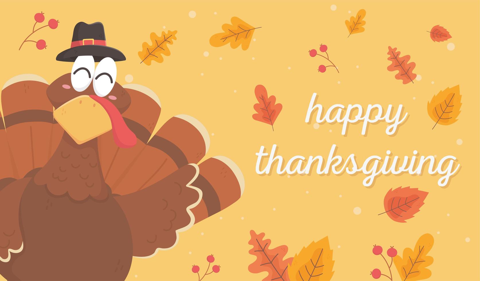 turkey with pilgrim hat leaves happy thanksgiving celebration vector