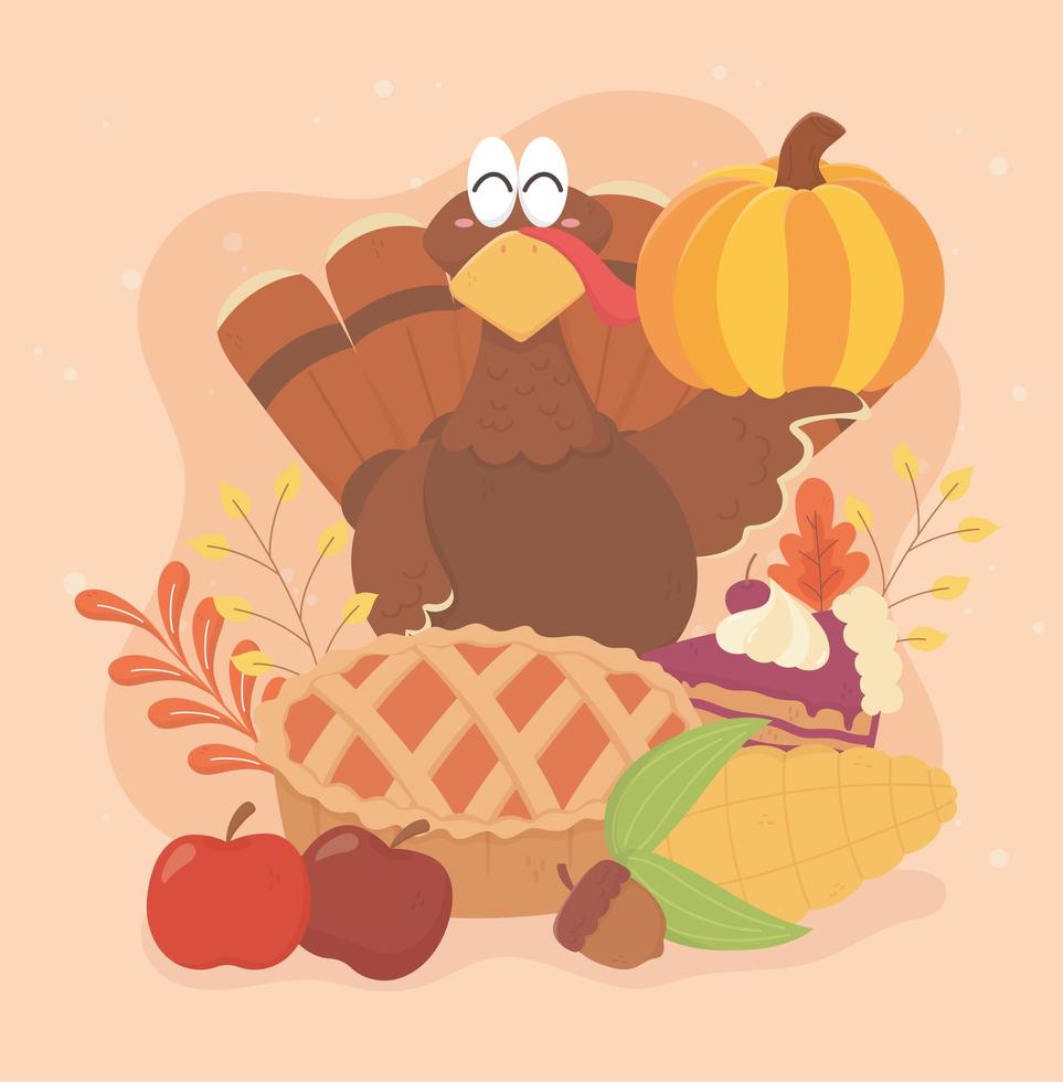happy thanksgiving turkey cake corn apples acorn celebration vector