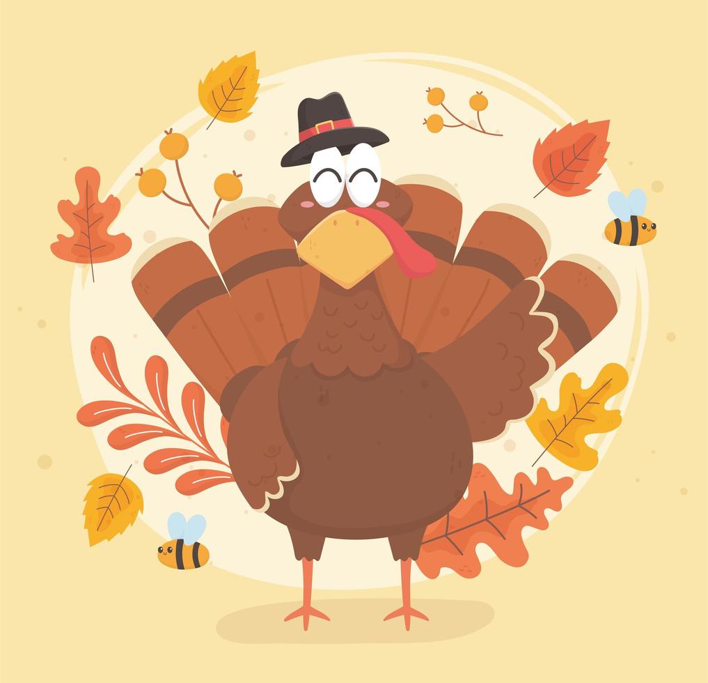 turkey with pilgrim hat happy thanksgiving celebration vector