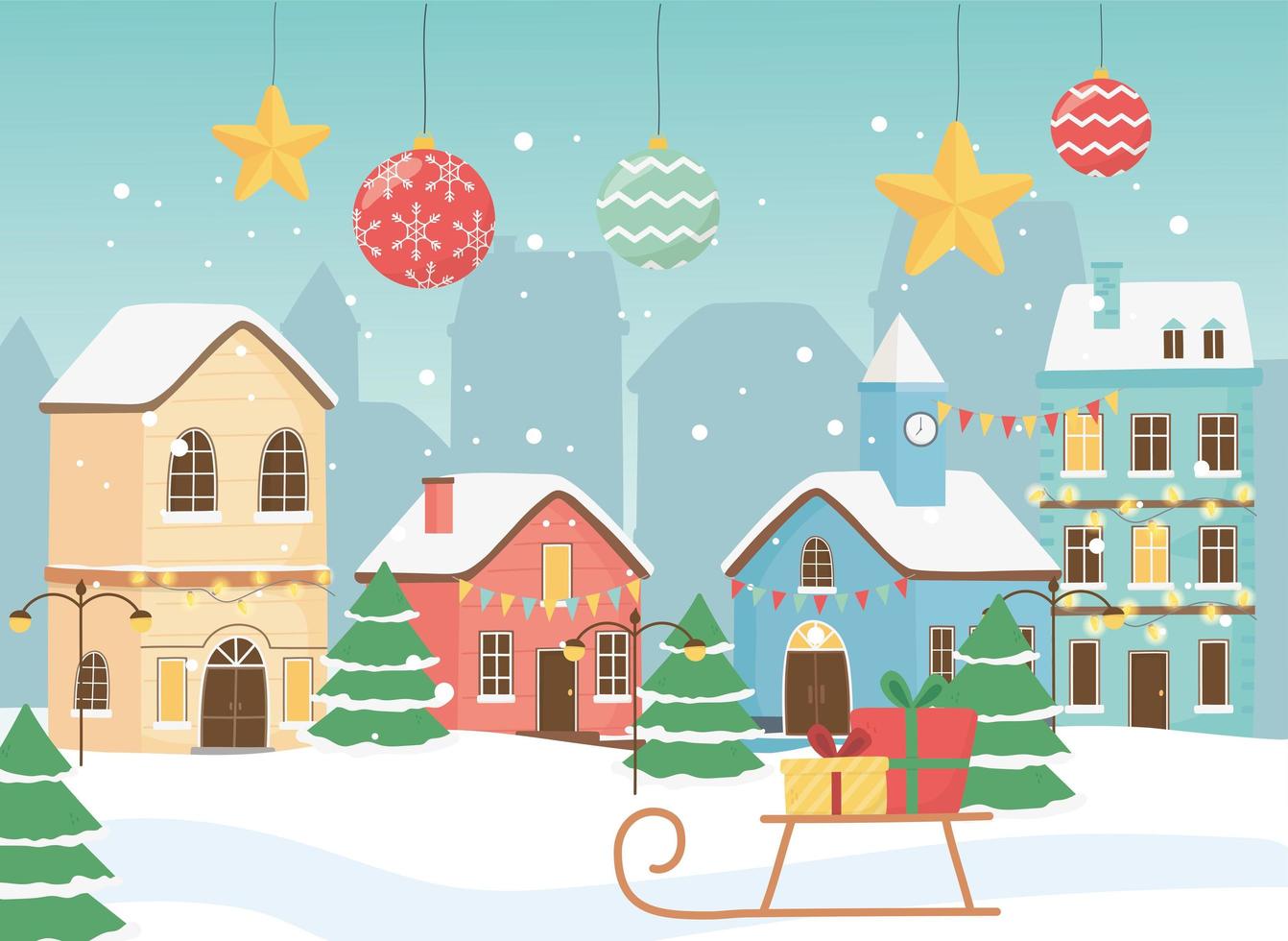 new year 2020 greeting card village houses sled gifts snow balls and stars vector