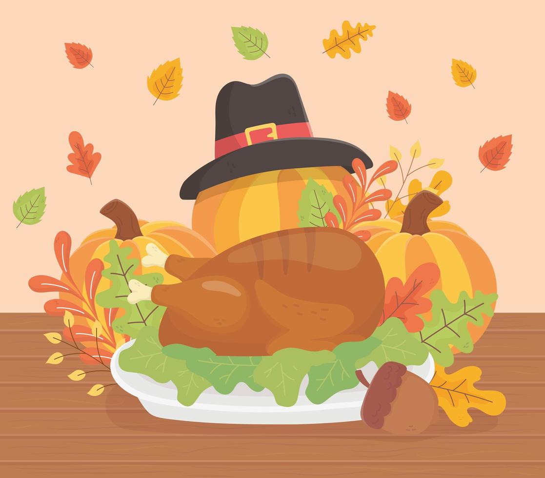 happy thanksgiving roasted turkey pumpkins hat acorn foliage celebration vector