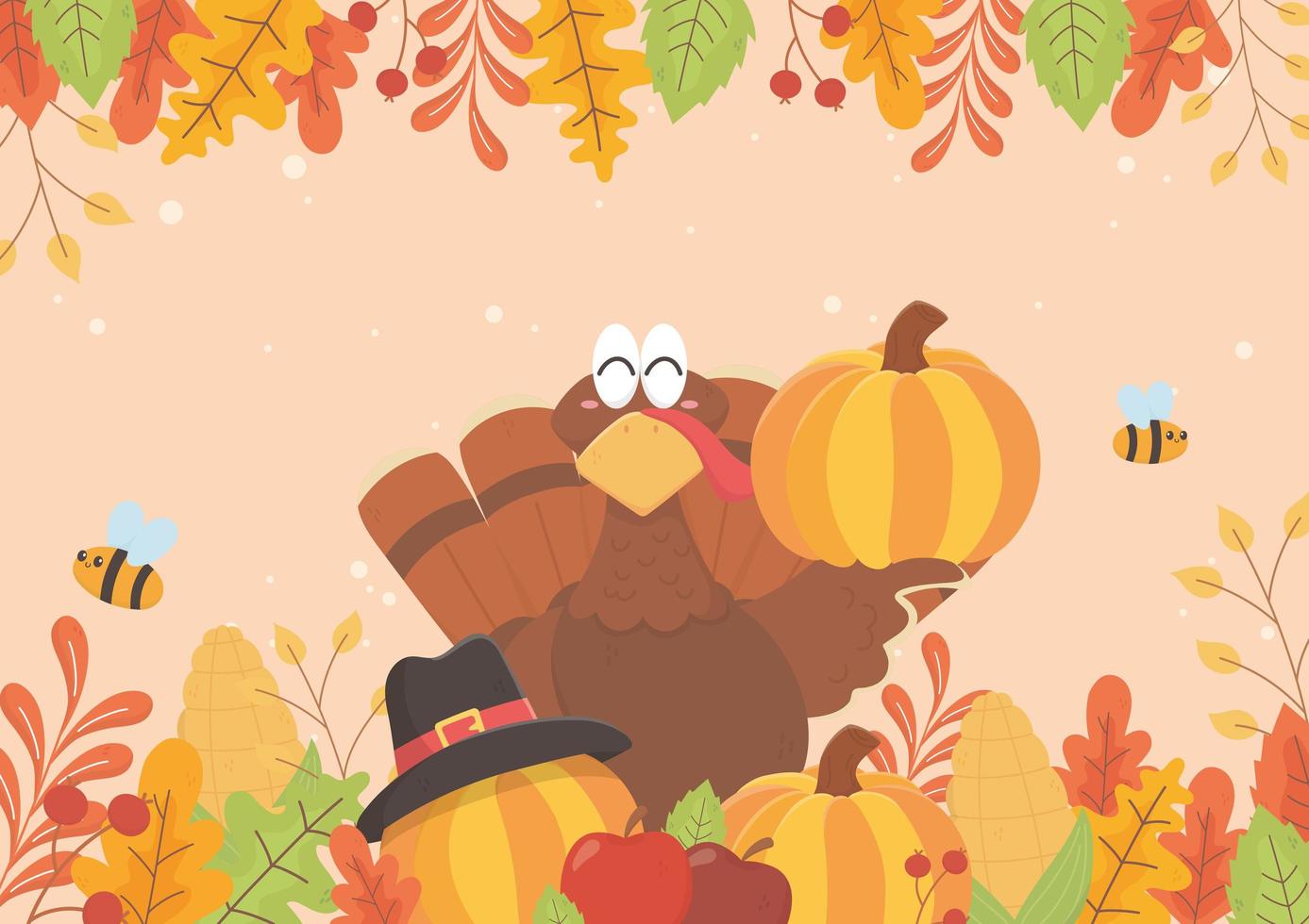 happy thanksgiving turkey holding pumpkin bees and foliage celebration vector