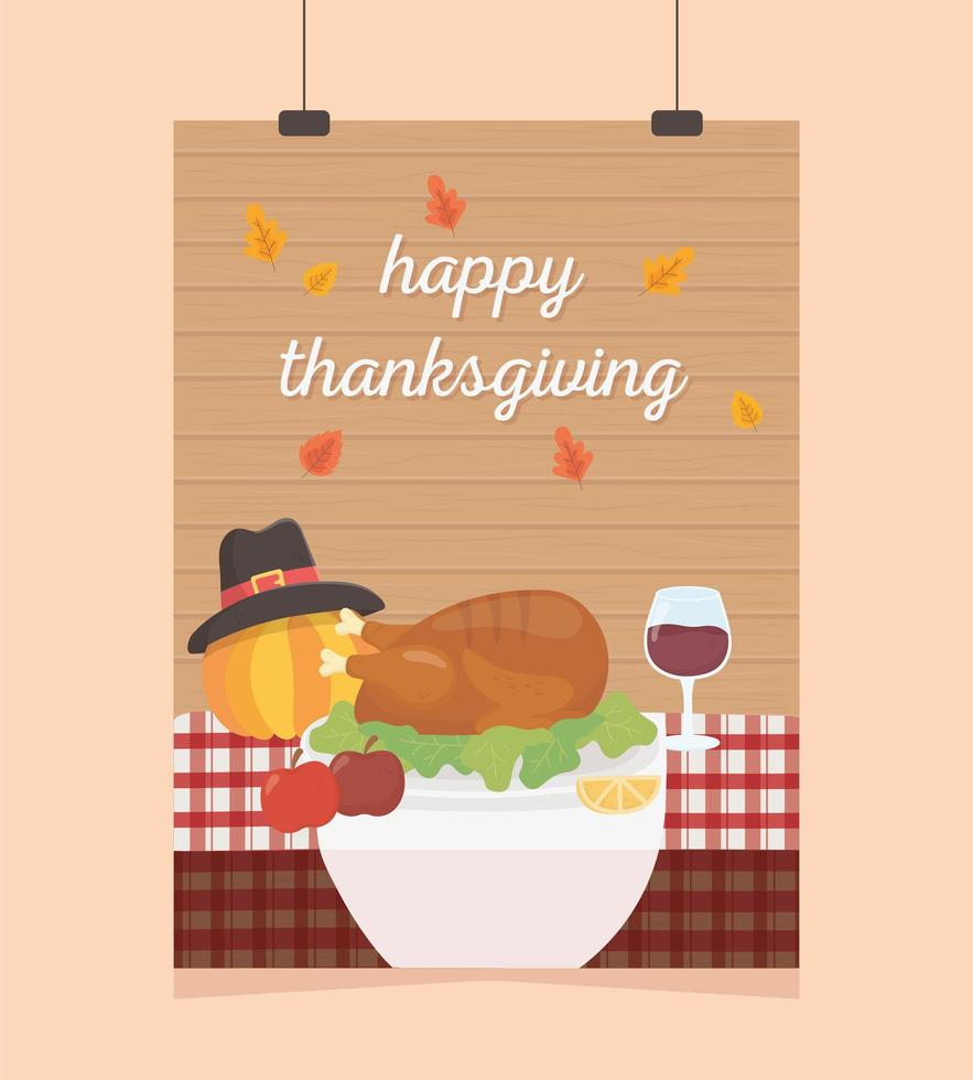 happy thanksgiving poster hanging turkey apple wine pumpkin table vector