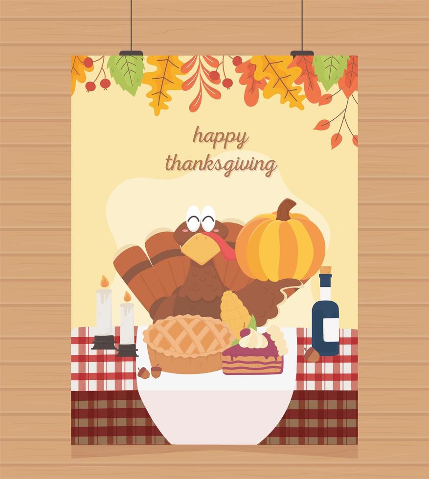 happy thanksgiving poster hanging turkey pumpkin cake wine candles vector