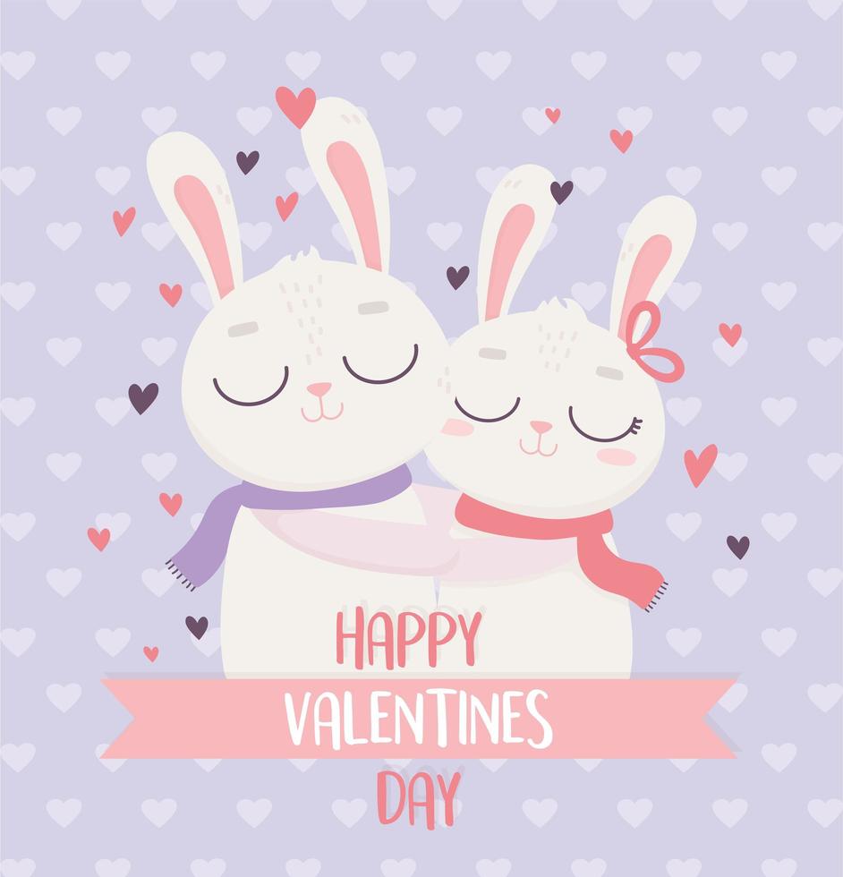 happy valentines day cute couple rabbits hugging love hearts background vector