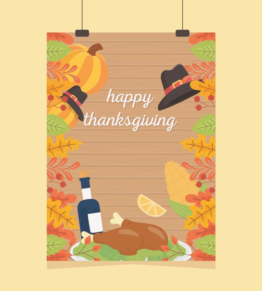 happy thanksgiving celebration poster hanging baked turkey wine corn pumpkin foliage vector