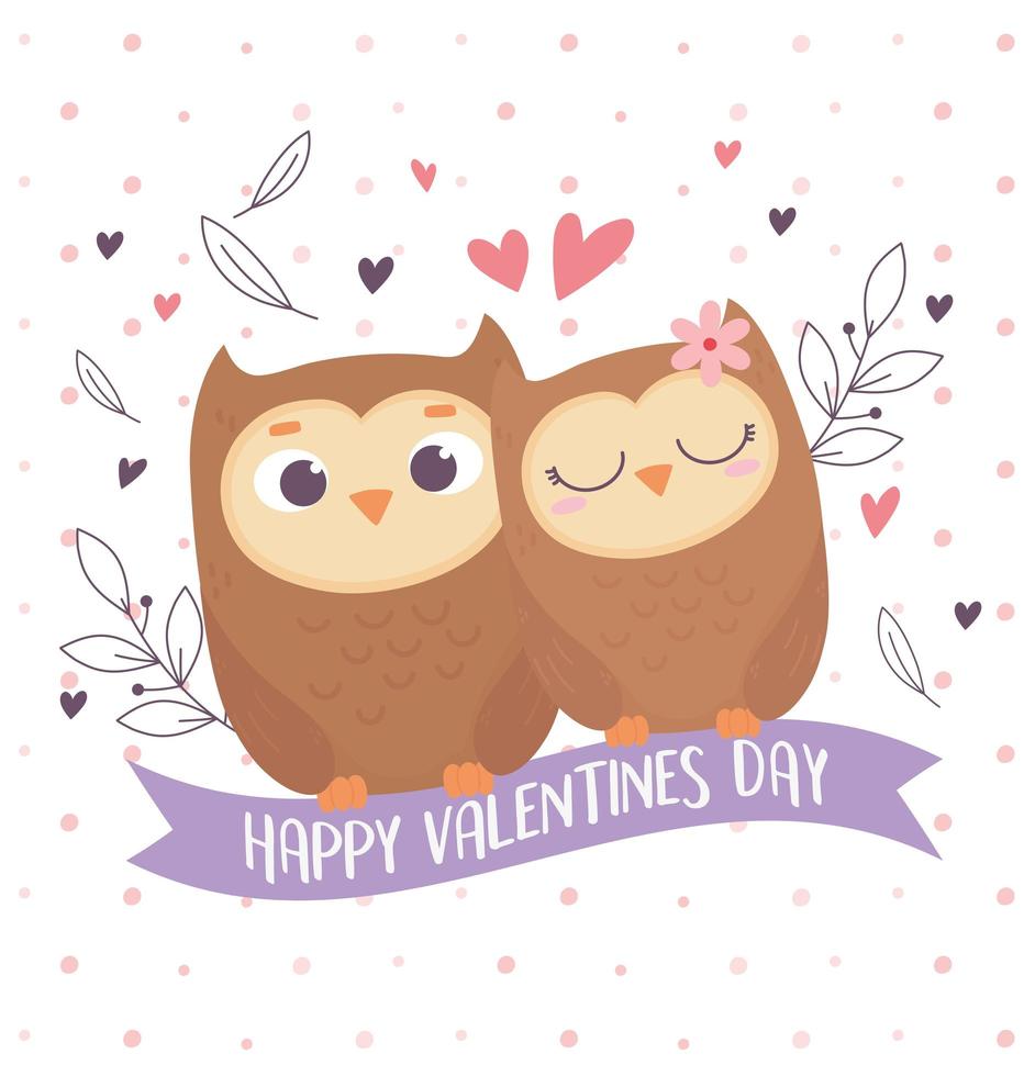 feliz día de san valentín linda pareja búhos corazón amor decoración floral vector