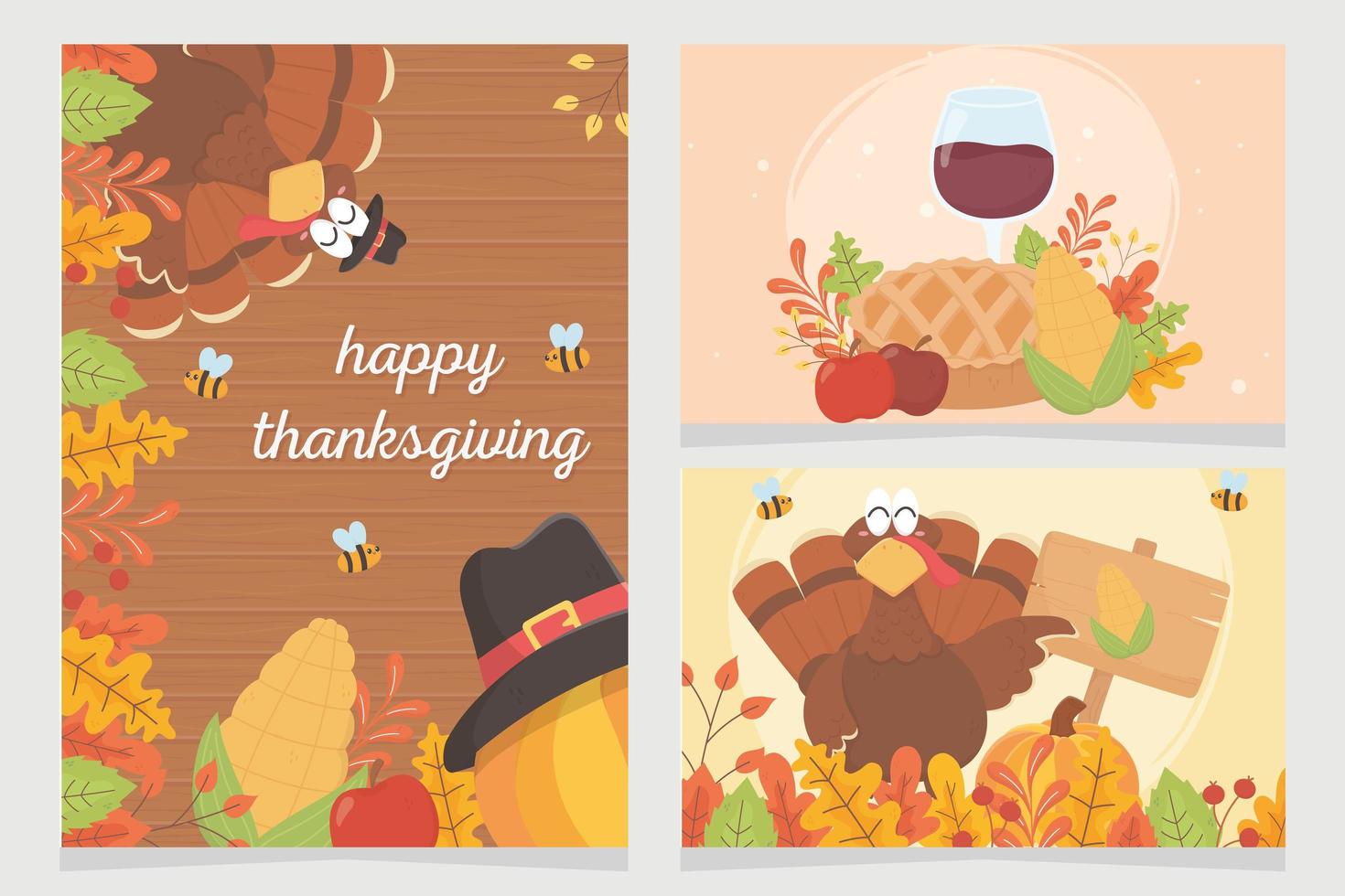 happy thanksgiving celebration posters turkey pumpkin pilgrim hat foliage vector