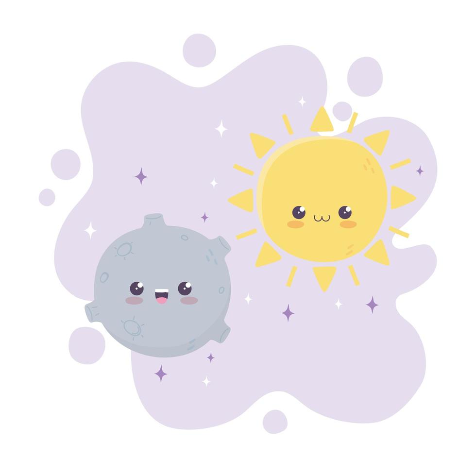 kawaii planet and sun space character cartoon vector