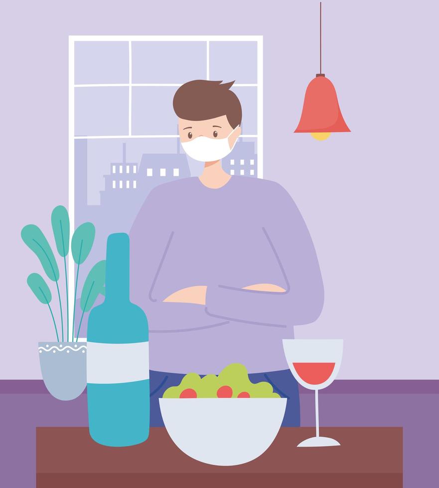 restaurant social distancing, man with medical mask alone with food, covid 19 pandemic, prevention of coronavirus infection vector