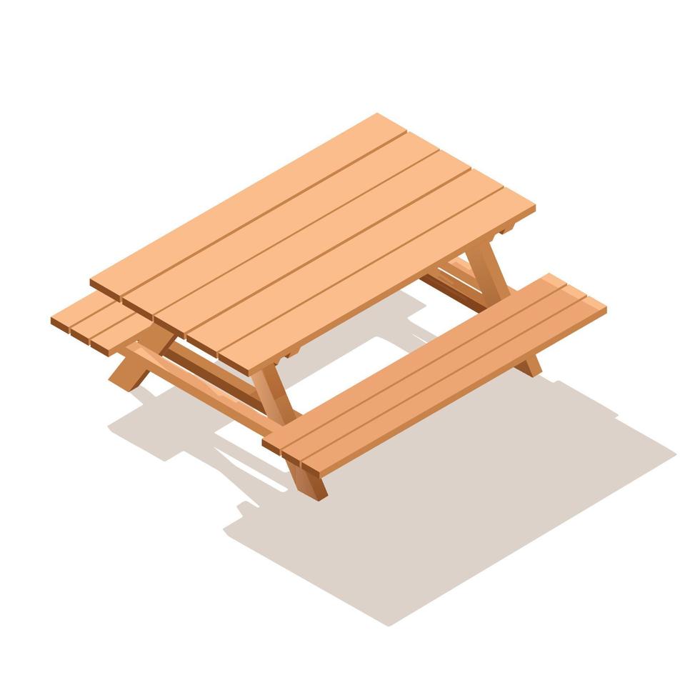 Isometric street wooden table with benches. vector