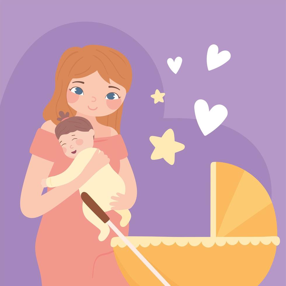 mom and baby with pram vector