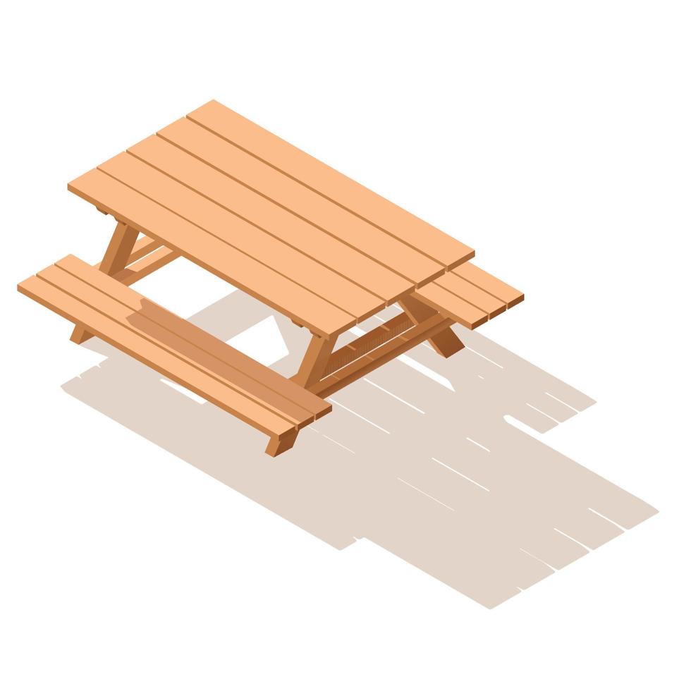 Isometric street wooden table with benches. vector