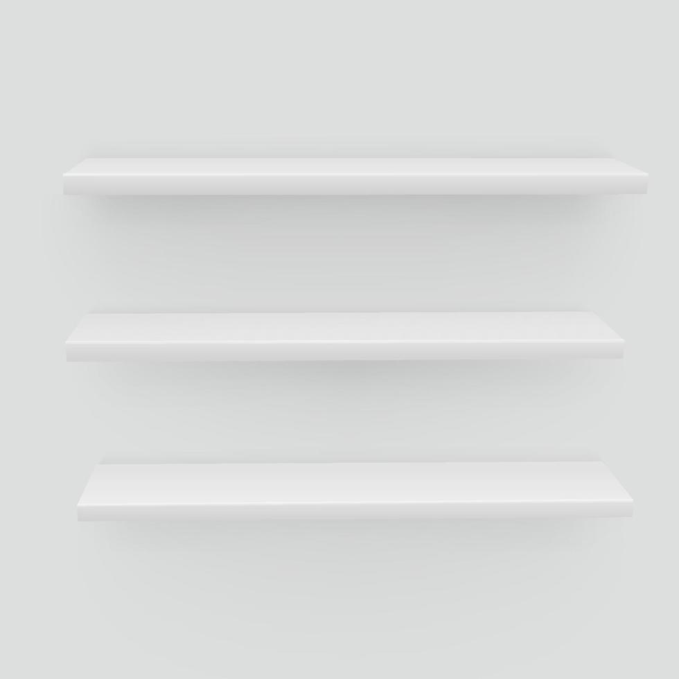 White shelves on white background. Realistic, voluminous racks w vector