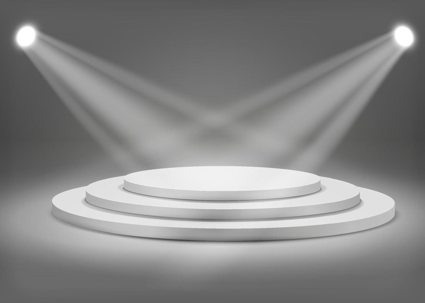 Gray round podium with spotlights on black background. vector
