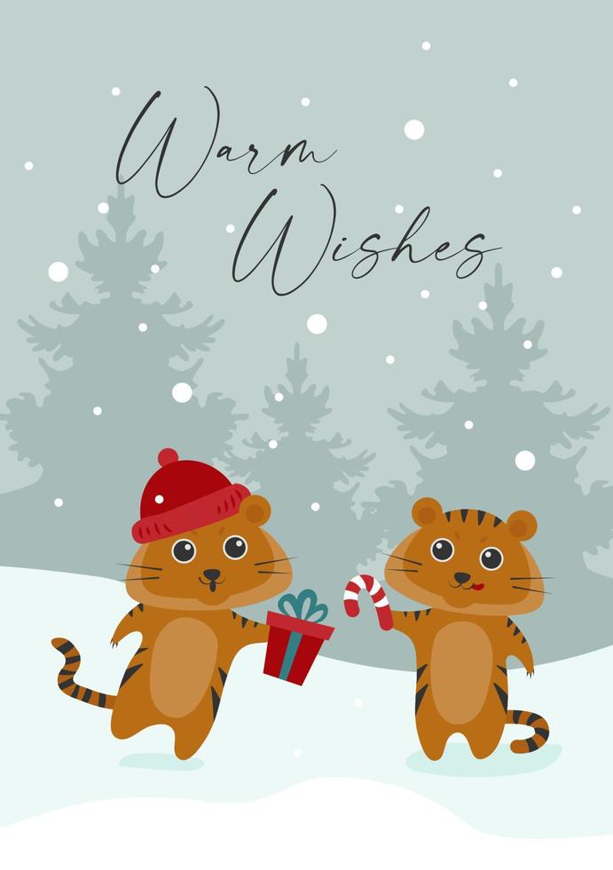 Warm wishes card with tigers vector