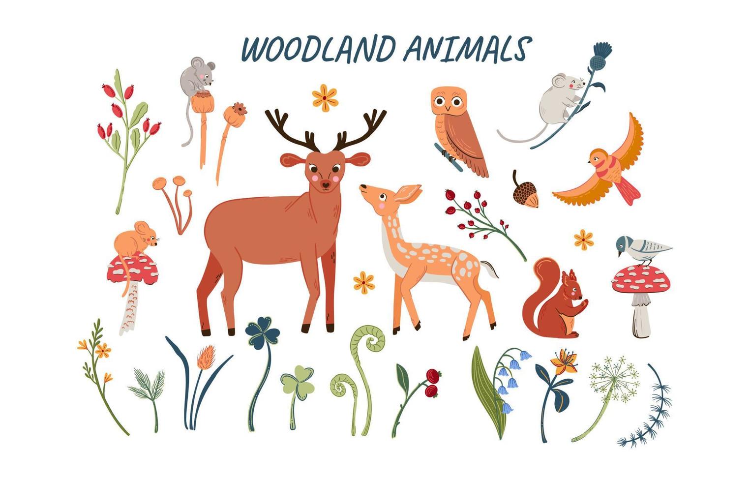 Wooden flora and fauna collection. Big set of cute forest animals and nature vector