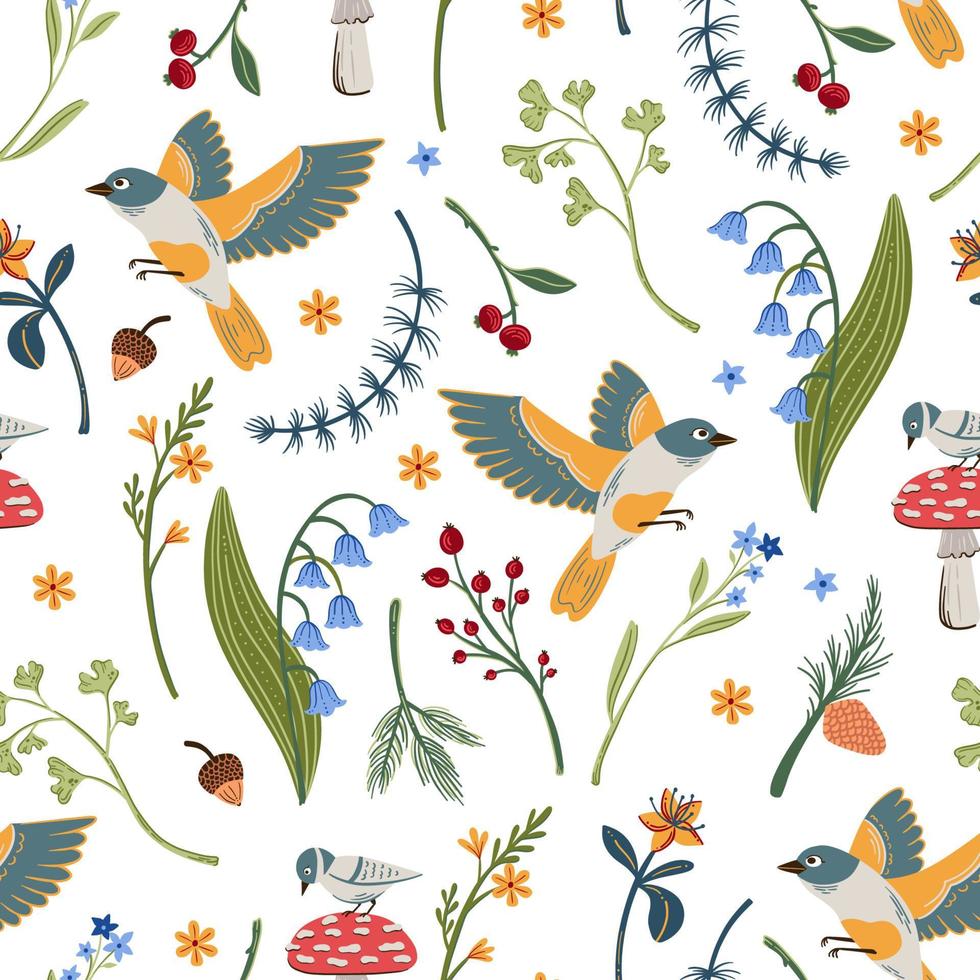 Woodland birds vector seamless pattern. Forest flora and birds background on white