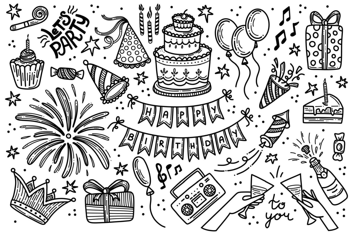 juego de vectores de garabatos de cumpleaños de fiesta. feliz cumpleaños celebración dibujado a mano clipart gran colección. objetos de decoración de aniversario