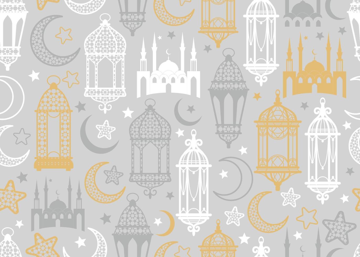 Arabic lantern and moon, stars seamless pattern on grey background. Vector luxury repeat wallpaper, textile print, backgrop.