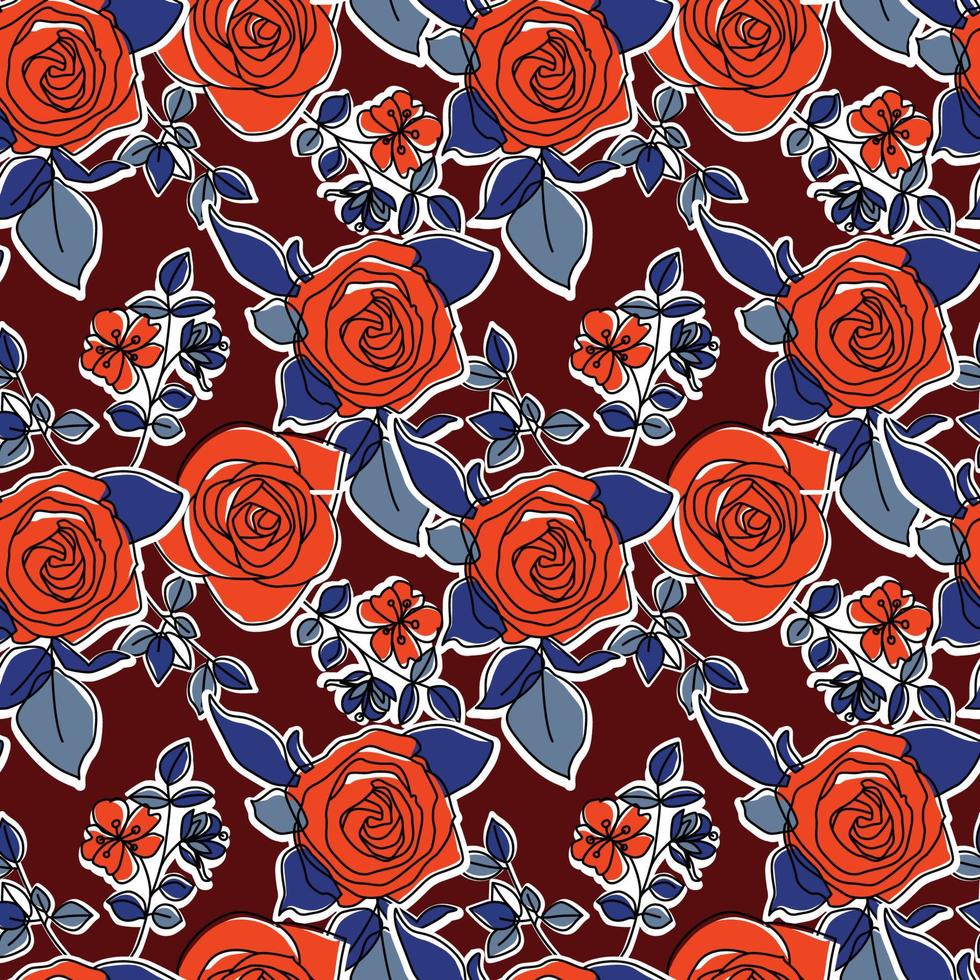 Heirloom roses seamless pattern. Trend fashion retro style flowers pattern. Vector design nature pattern in line style.