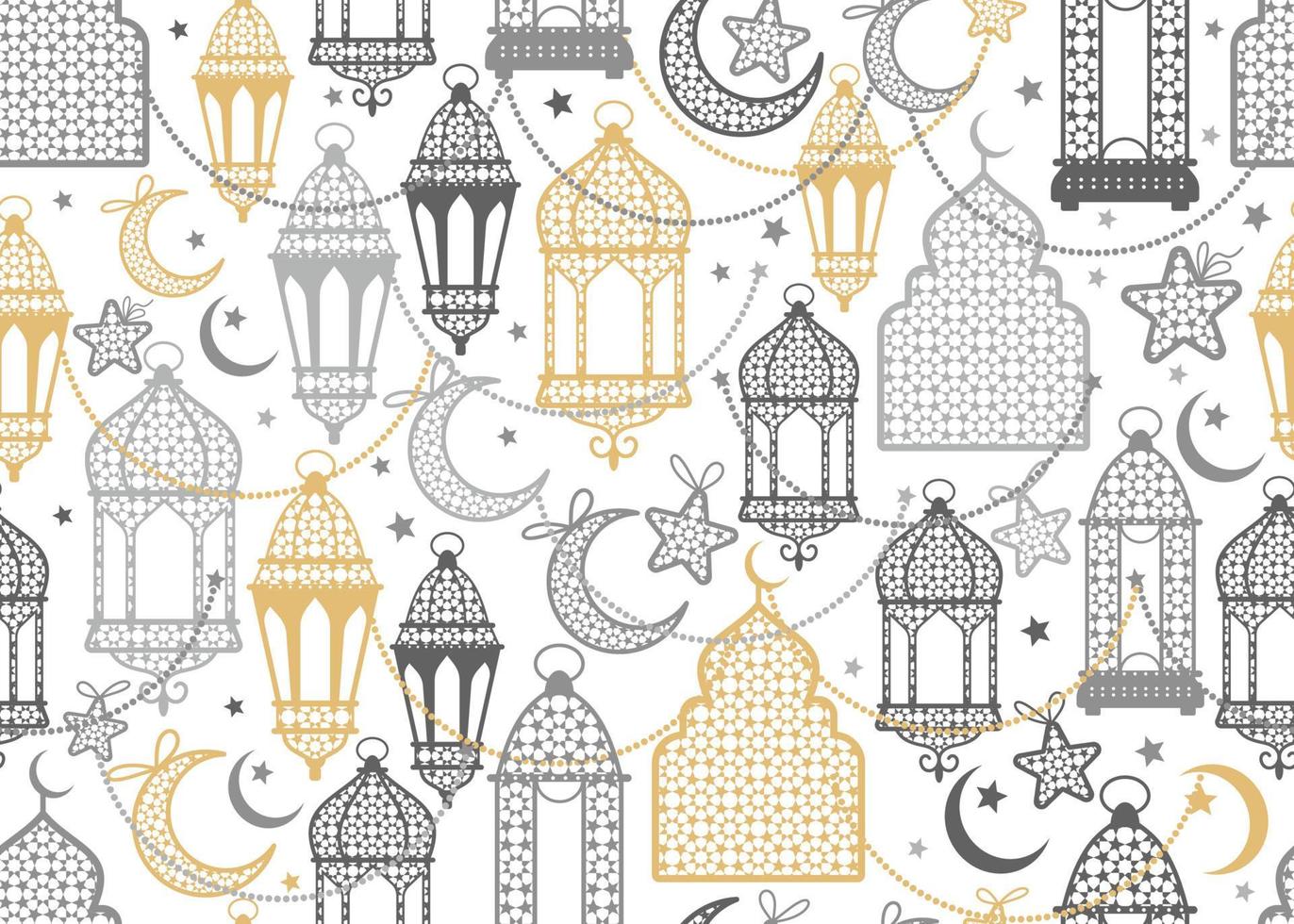 Arabic lantern and moon, stars seamless pattern on white background. Vector luxury repeat wallpaper, textile print, backgrop.