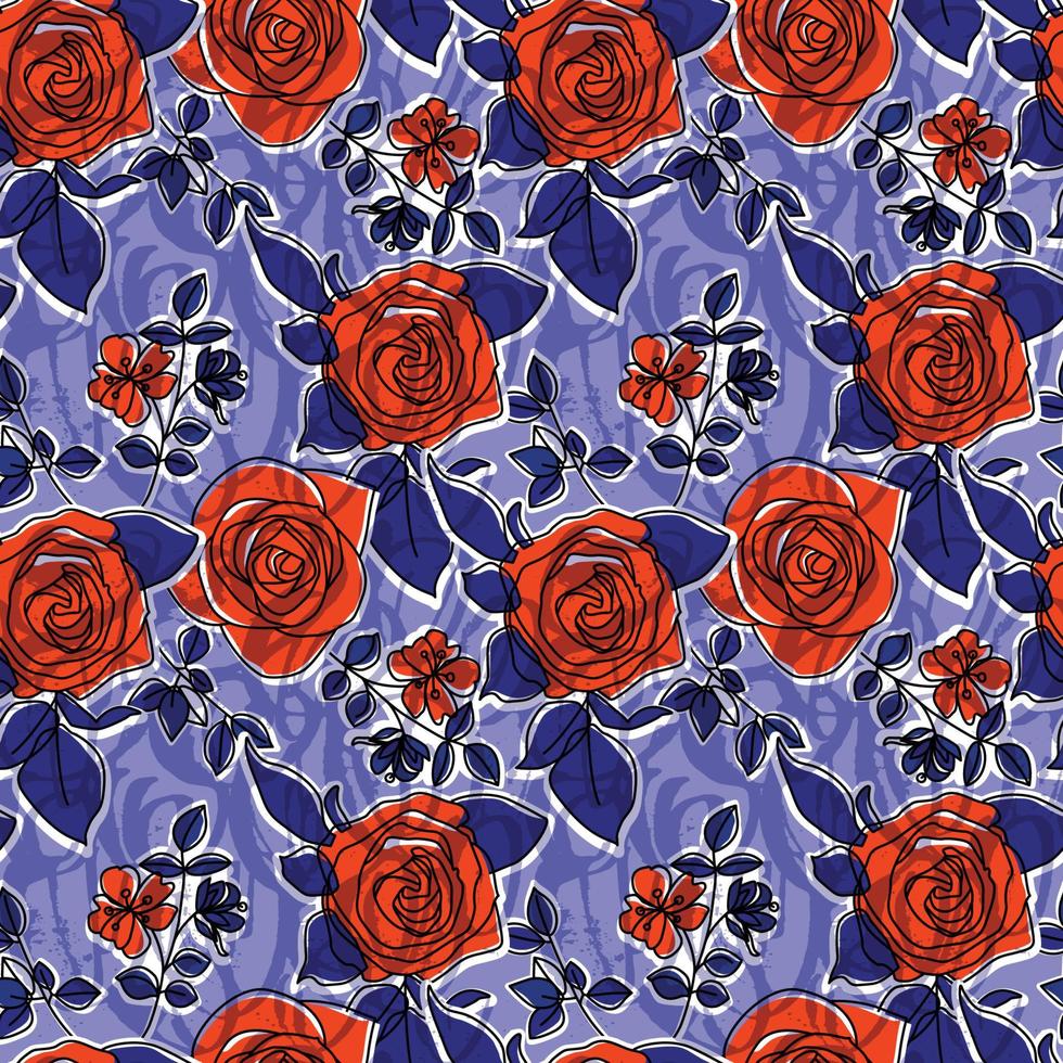 Heirloom roses seamless pattern. Trend fashion retro style flowers pattern with shadow texture. Vector design nature pattern in line style.