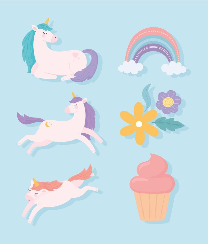 unicornios flores y cupcake vector