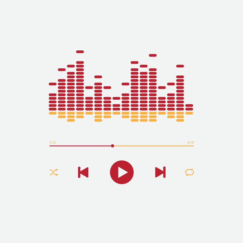 Icono de reproductor de música multimedia con elegante vista de ecualizador de audio en vector. reproducción moderna de la aplicación de música. navegación multimedia en el dispositivo de teléfono inteligente. vector libre. color rojo y naranja