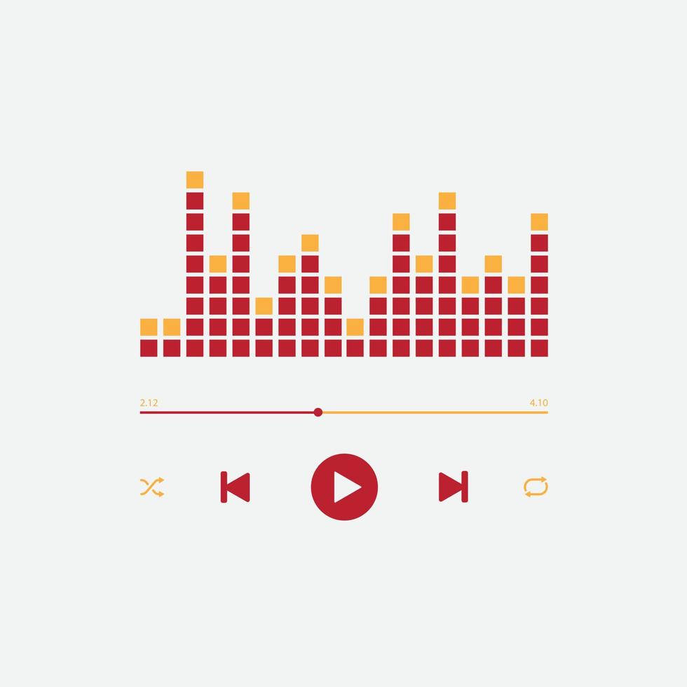 Icono de reproductor de música multimedia con vista de ecualizador de audio moderno en vector. reproducción moderna de la aplicación de música. navegación multimedia en el dispositivo de teléfono inteligente. vector libre. color rojo y naranja