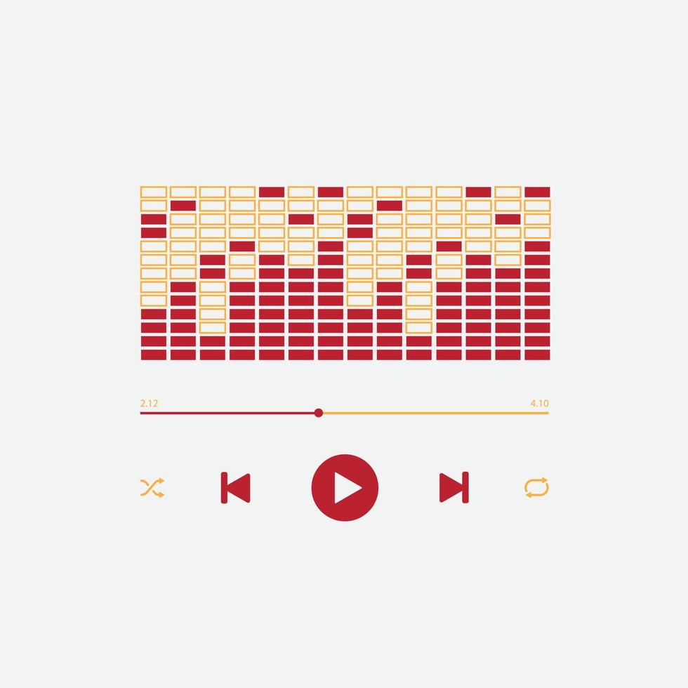 Icono de reproductor de música multimedia con vista de ecualizador de audio genial en vector. reproducción moderna de la aplicación de música. navegación multimedia en el dispositivo de teléfono inteligente. vector libre. color rojo y naranja