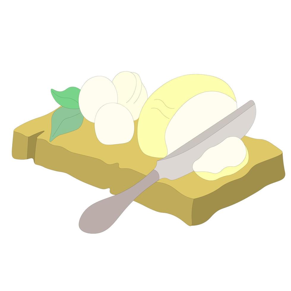 Slices of mozzarella cheese are cut with metal knife on wooden board. three balls of cheese with basil leaves. Milk products. vector