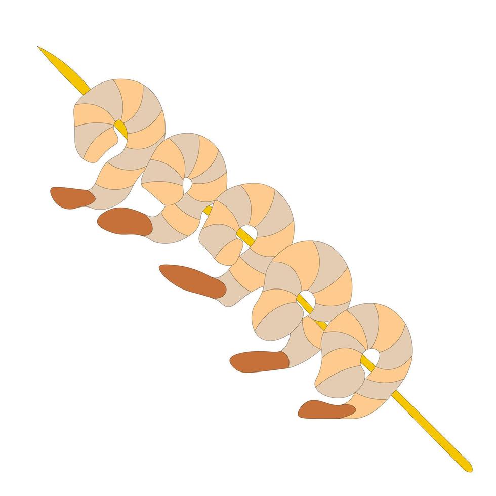 shrimp on skewers. Grilled shrimp kebab. Seafood canapes impaled on cocktail stick. Seafood, shellfish. Vector illustration